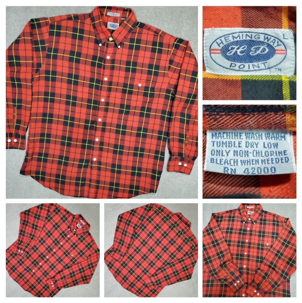 Vintage Hemingway Point Button-Up Lightweight Flannel Shirt Classic Red Plaid